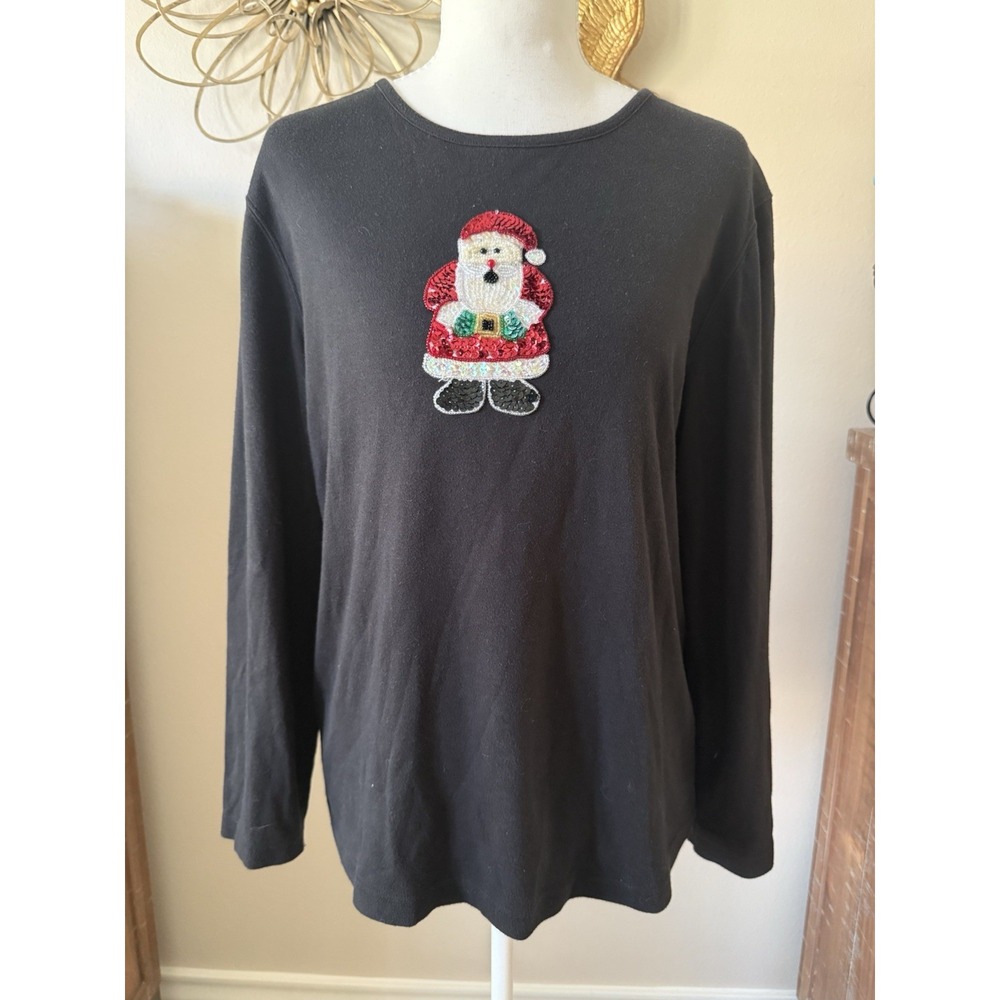 Mercer Street Studio Santa Sequin Christmas Top Women M Black Whimsy Retro